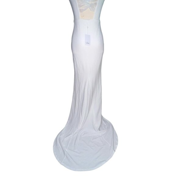 Lulus Open Bow Back Sleeveless Square Neck Maxi Wedding Dress with Train Sz Medi - Picture 11 of 13